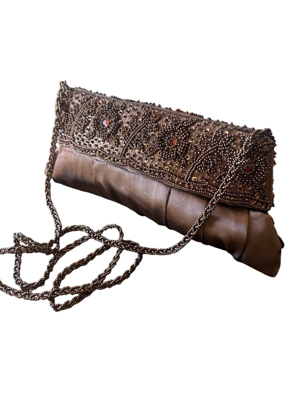 Carlo Fellini-Soledad Brown Floral Beaded Satin Evening Shoulder Bag